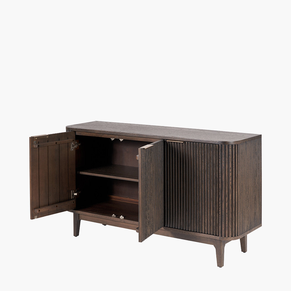 Raie Dark Brown Ribbed Oak & Pine Wood Sideboard